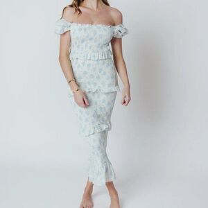 Worth Off-Shoulder Blue and White Midi Dress